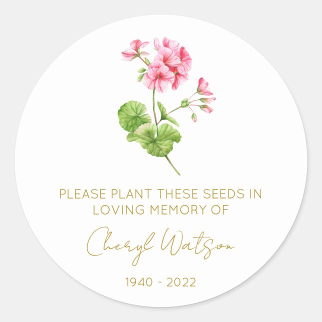 Geranium | Simple Memorial Seed Packet Classic Round Sticker (Front)