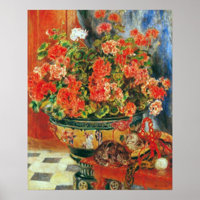 Geraniums and cats by Pierre Renoir Poster (Front)