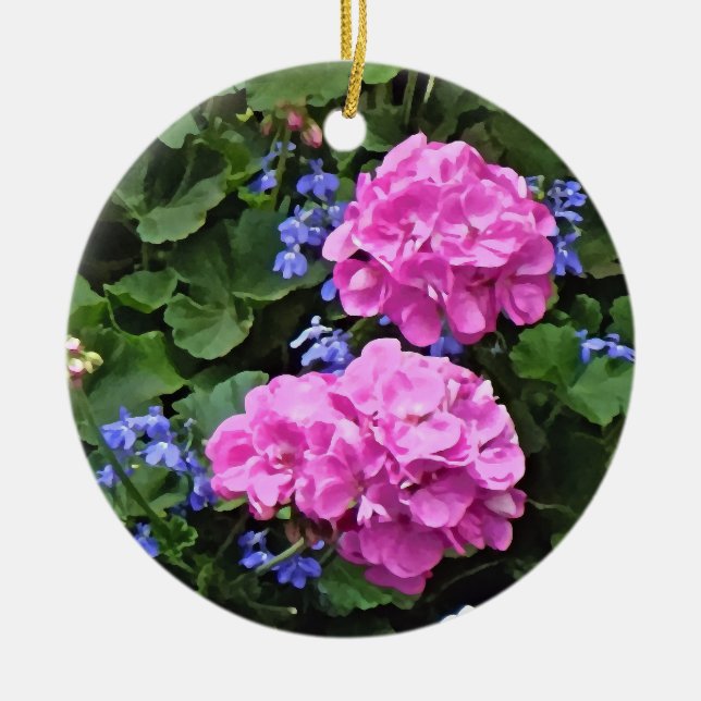 Geraniums and Periwinkle Ceramic Tree Decoration (Front)