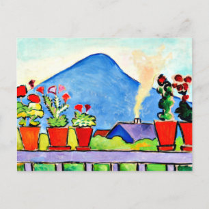 Geraniums Before Blue Mountain, colourful painting Postcard