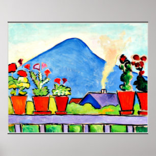 Geraniums Before Blue Mountain, colourful painting Poster