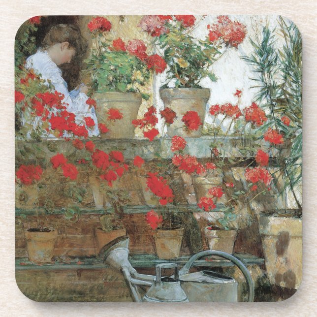 Geraniums by Childe Hassam, Vintage Impressionism Coaster (Front)