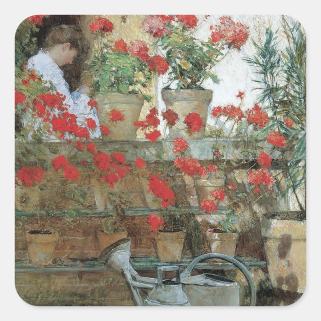 Geraniums by Childe Hassam, Vintage Impressionism Square Sticker (Front)