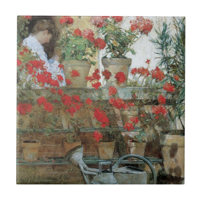 Geraniums by Childe Hassam, Vintage Impressionism Tile (Front)