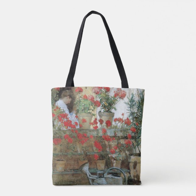 Geraniums by Childe Hassam, Vintage Impressionism Tote Bag (Back)