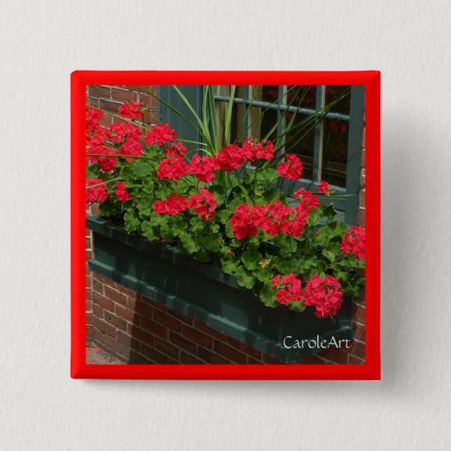 Geraniums Red Green Window Box 15 Cm Square Badge (Front)
