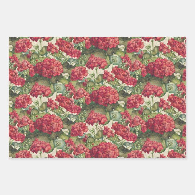 Geraniums Red Wrapping Paper Flat Sheet Set of 3 (Front)