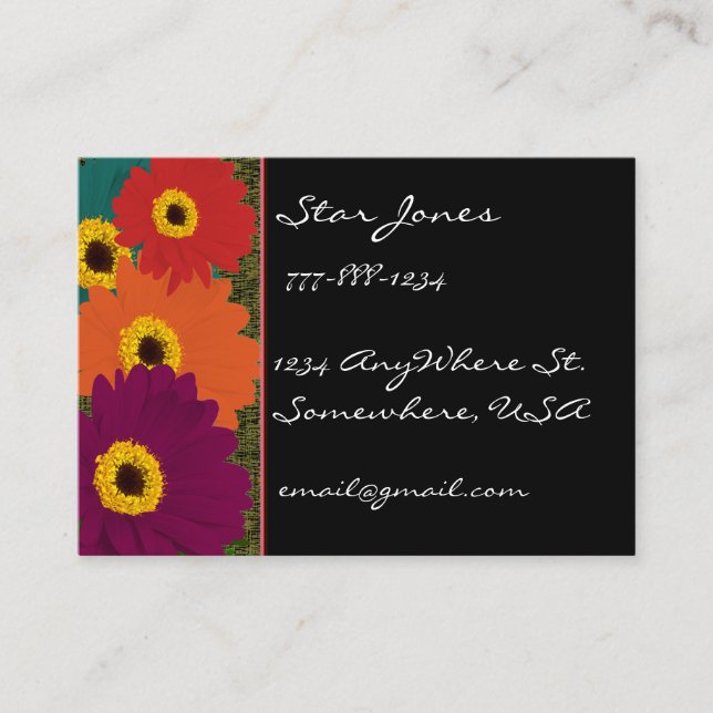 Gerber Daisies Plum Orange Teal Red & Lime Business Card (Front)