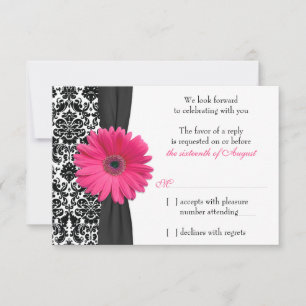 Gerber Daisy Pink Black Damask Wedding RSVP Reply