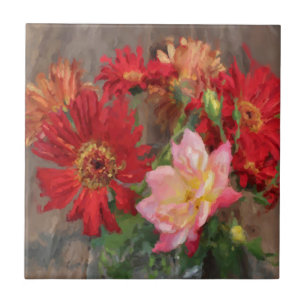gerbera daisy and rose bouquet oil painting tile
