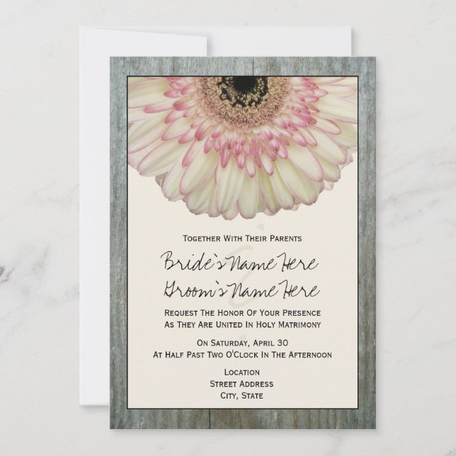 Gerbera Daisy & Barnwood Wedding Invitation (Front)