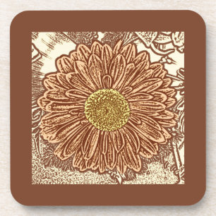 Gerbera Daisy Block Print - brown and tan Coaster