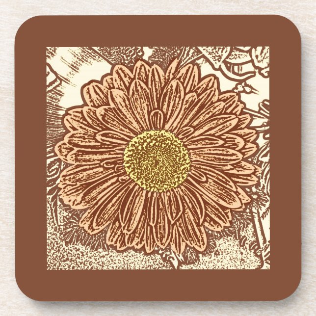 Gerbera Daisy Block Print - brown and tan Coaster (Front)