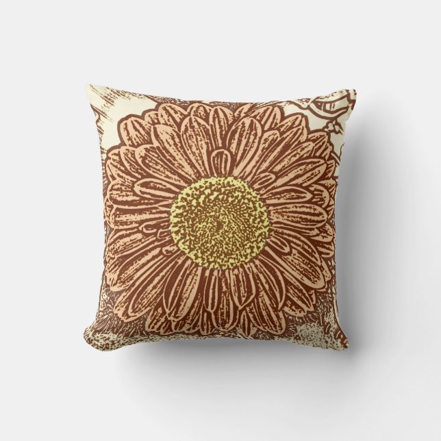 Gerbera Daisy Block Print - brown and tan Cushion (Front)