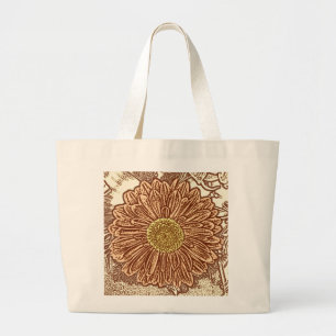Gerbera Daisy Block Print - brown and tan Large Tote Bag
