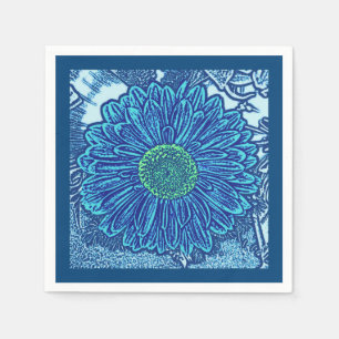 Gerbera Daisy Block Print, Cerulean & Indigo Blue Napkin