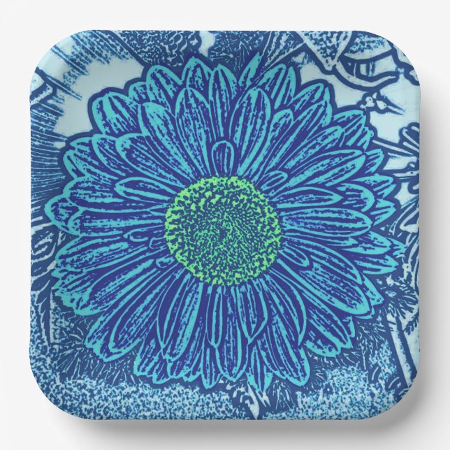 Gerbera Daisy Block Print, Cerulean & Indigo Blue Paper Plate (Front)