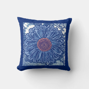 Gerbera Daisy Block Print, Cobalt and Sky Blue Cushion