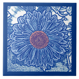 Gerbera Daisy Block Print, Cobalt and Sky Blue Tile