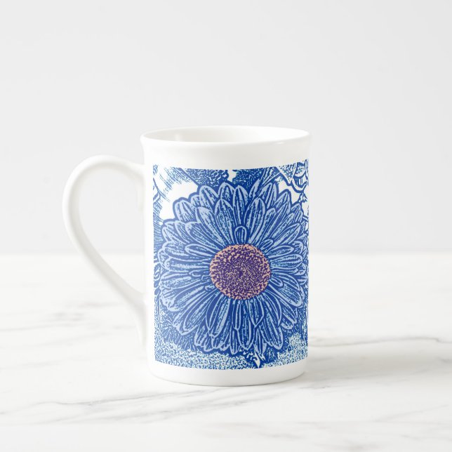 Gerbera Daisy Block Print - cobalt blue Bone China Mug (Left)