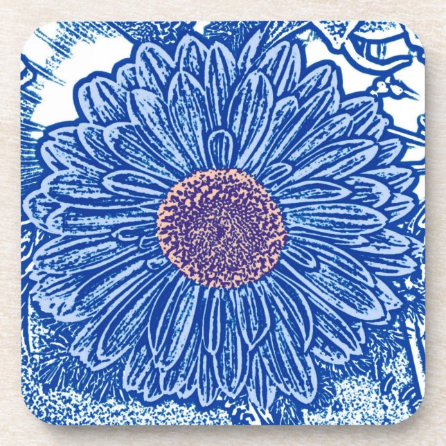 Gerbera Daisy Block Print - cobalt blue Coaster (Front)
