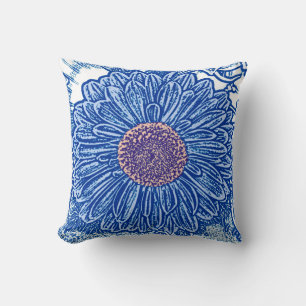 Gerbera Daisy Block Print - cobalt blue Cushion