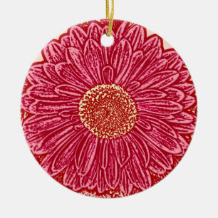 Gerbera Daisy Block Print - coral and pink Ceramic Tree Decoration