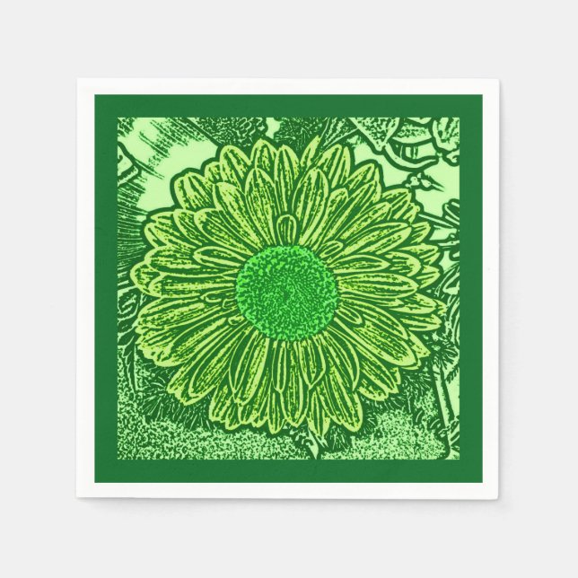 Gerbera Daisy Block Print, Emerald & Lime Green Napkin (Front)