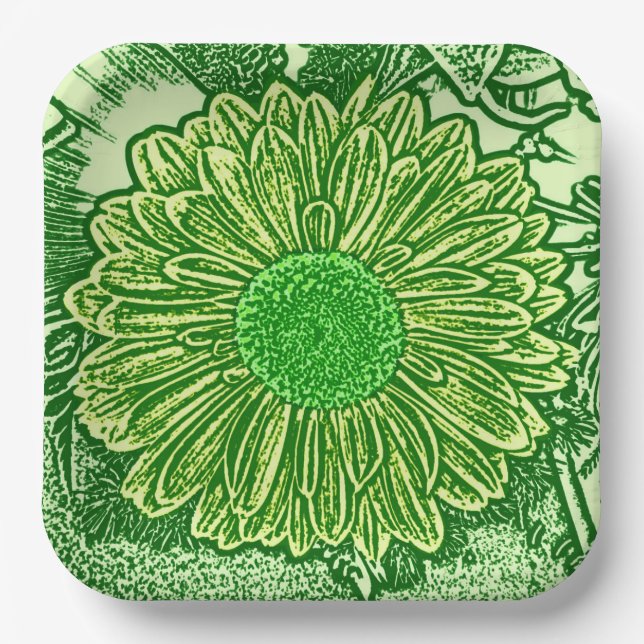 Gerbera Daisy Block Print, Emerald & Lime Green Paper Plate (Front)