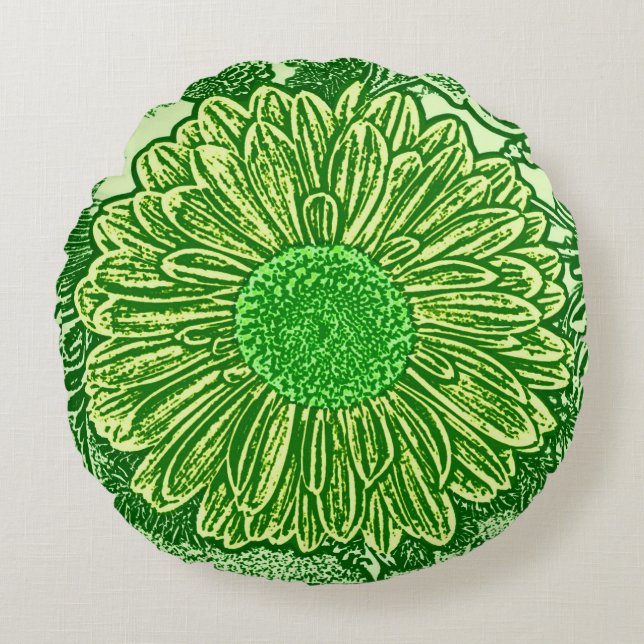 Gerbera Daisy Block Print, Emerald & Lime Green Round Cushion (Front)