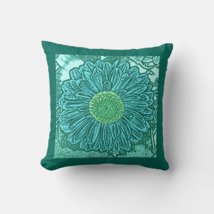 Gerbera Daisy Block Print, Light Aqua & Turquoise Cushion