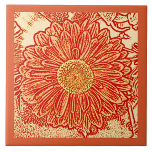 Gerbera Daisy Block Print, Mandarin Orange Tile
