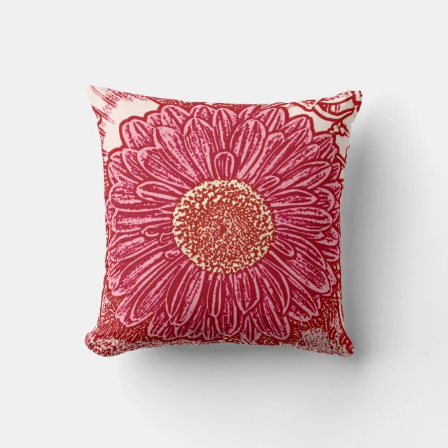 Gerbera Daisy Block Print - maroon and pink Cushion (Front)
