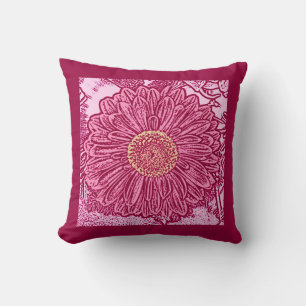 Gerbera Daisy Block Print, Maroon & Pastel Pink Cushion