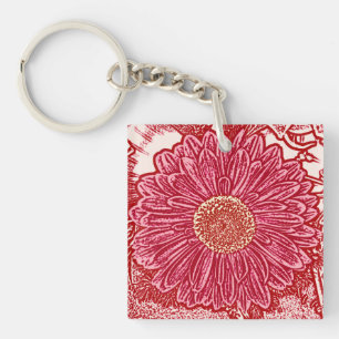 Gerbera Daisy Block Print - red and pink Key Ring