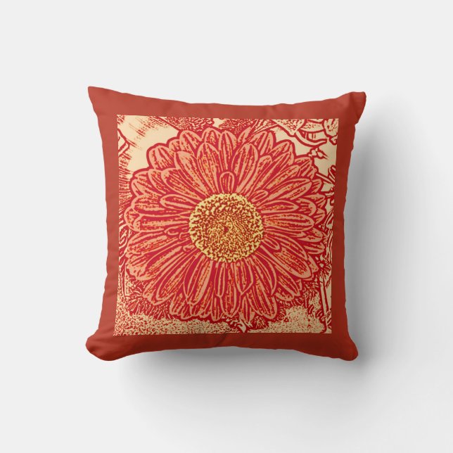 Gerbera Daisy Block Print, Saffron & Deep Orange Cushion (Front)