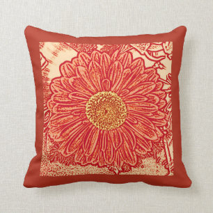 Gerbera Daisy Block Print, Saffron & Deep Orange Cushion