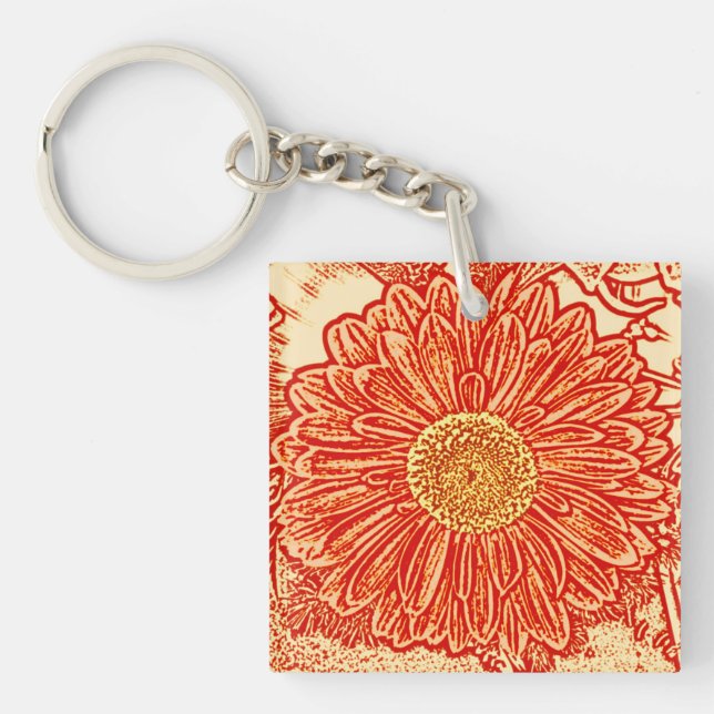 Gerbera Daisy Block Print - saffron orange Key Ring (Front)