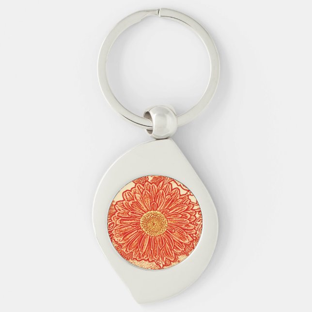 Gerbera Daisy Block Print - saffron orange Key Ring (Front)