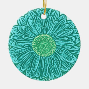 Gerbera Daisy Block Print - shades of aqua Ceramic Tree Decoration