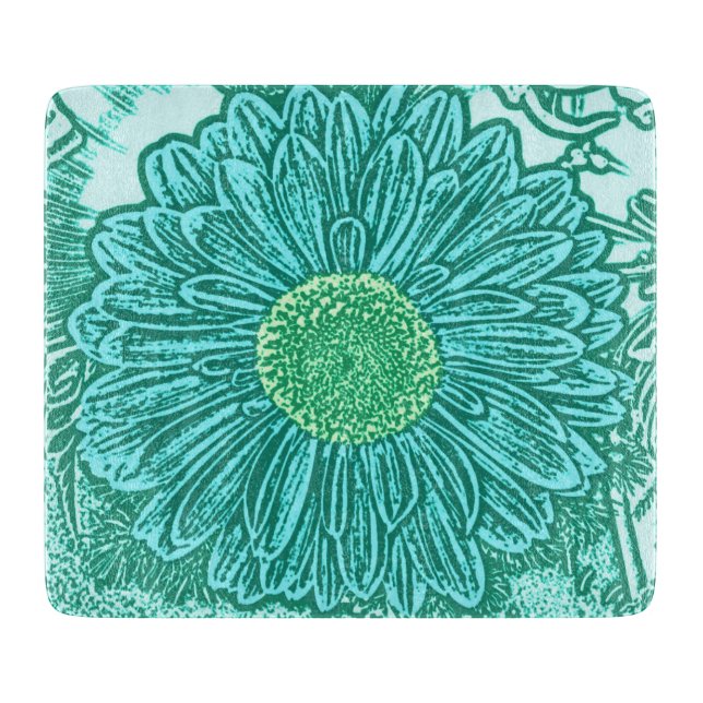 Gerbera Daisy Block Print - shades of aqua Cutting Board (Front)
