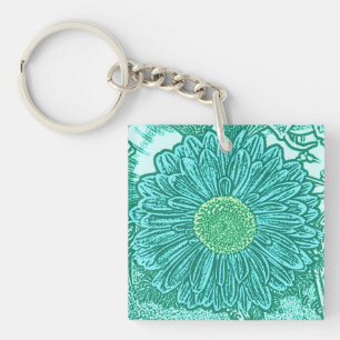Gerbera Daisy Block Print - shades of aqua Key Ring