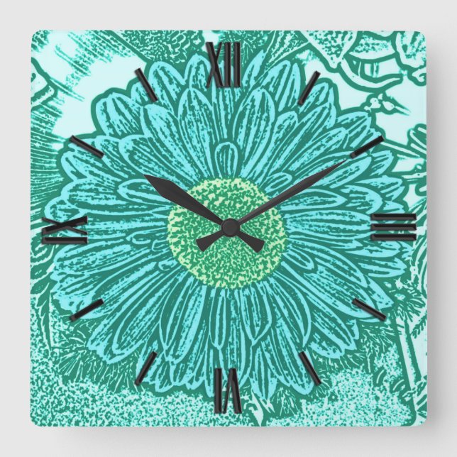Gerbera Daisy Block Print - shades of aqua Square Wall Clock (Front)