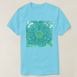 Gerbera Daisy Block Print - shades of aqua T-Shirt