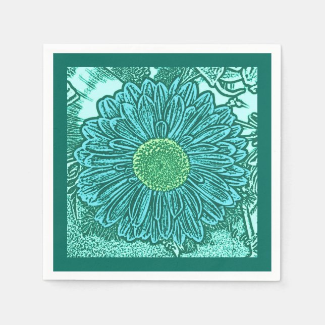 Gerbera Daisy Block Print, Turquoise and Aqua Napkin (Front)