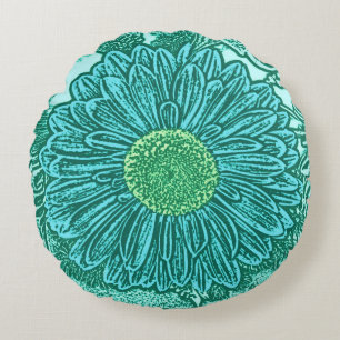 Gerbera Daisy Block Print, Turquoise and Aqua Round Cushion