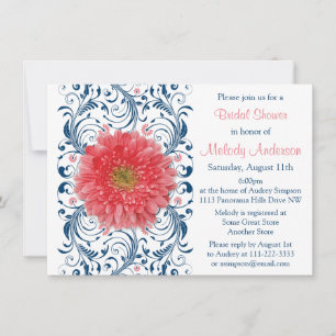 Gerbera Daisy Coral Navy Blue Floral Bridal Shower Invitation