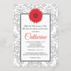 Gerbera Daisy Demask Grey Bridal Shower Invitation