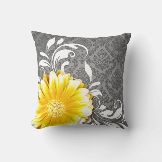Gerbera Daisy Fancy Damask | grey yellow white Cushion (Front)