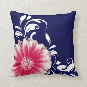 Gerbera Daisy Fancy Scroll   navy fuchsia Cushion